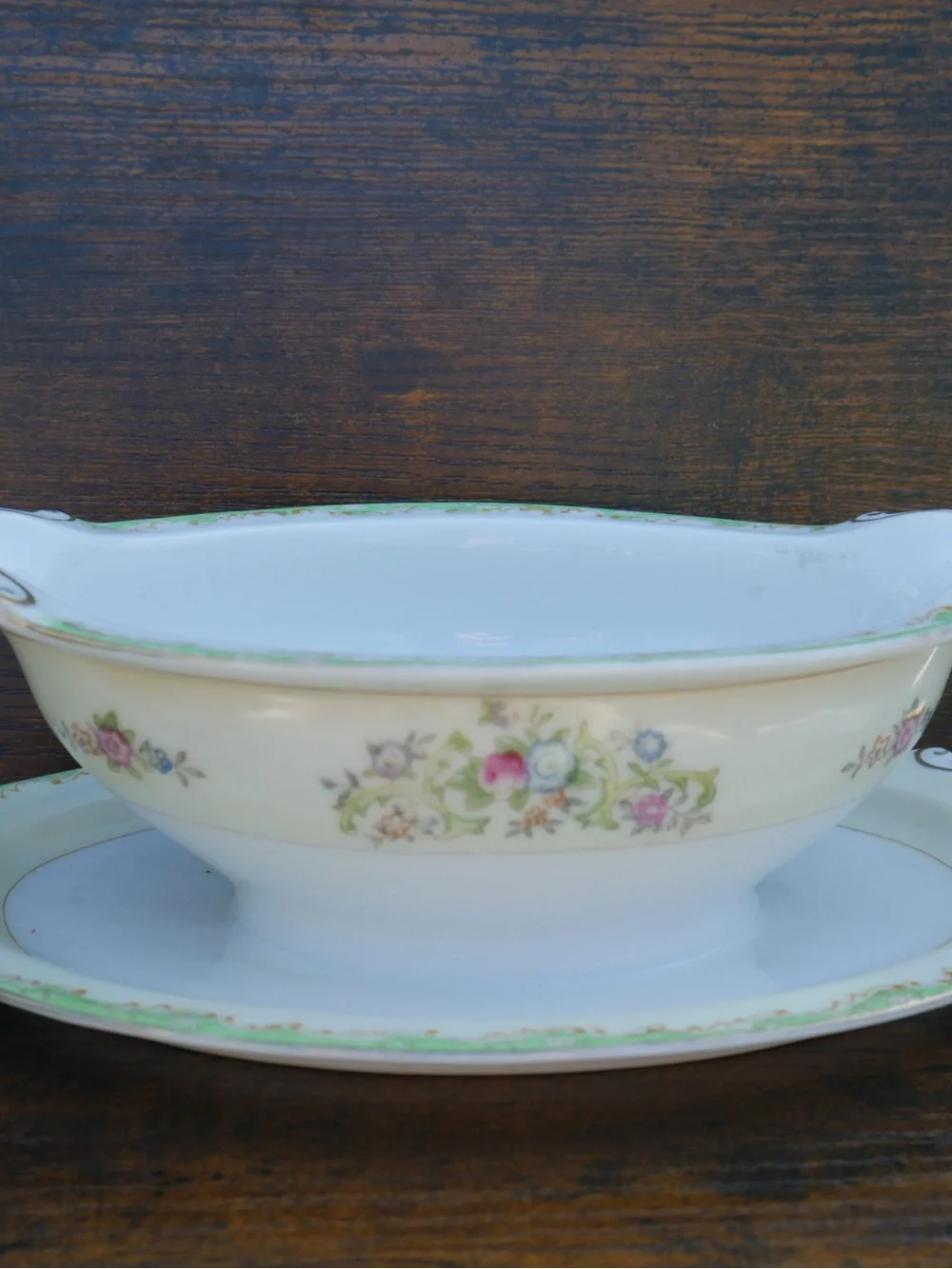 Noritake White Gravy Boat with Green Trim and Floral Band